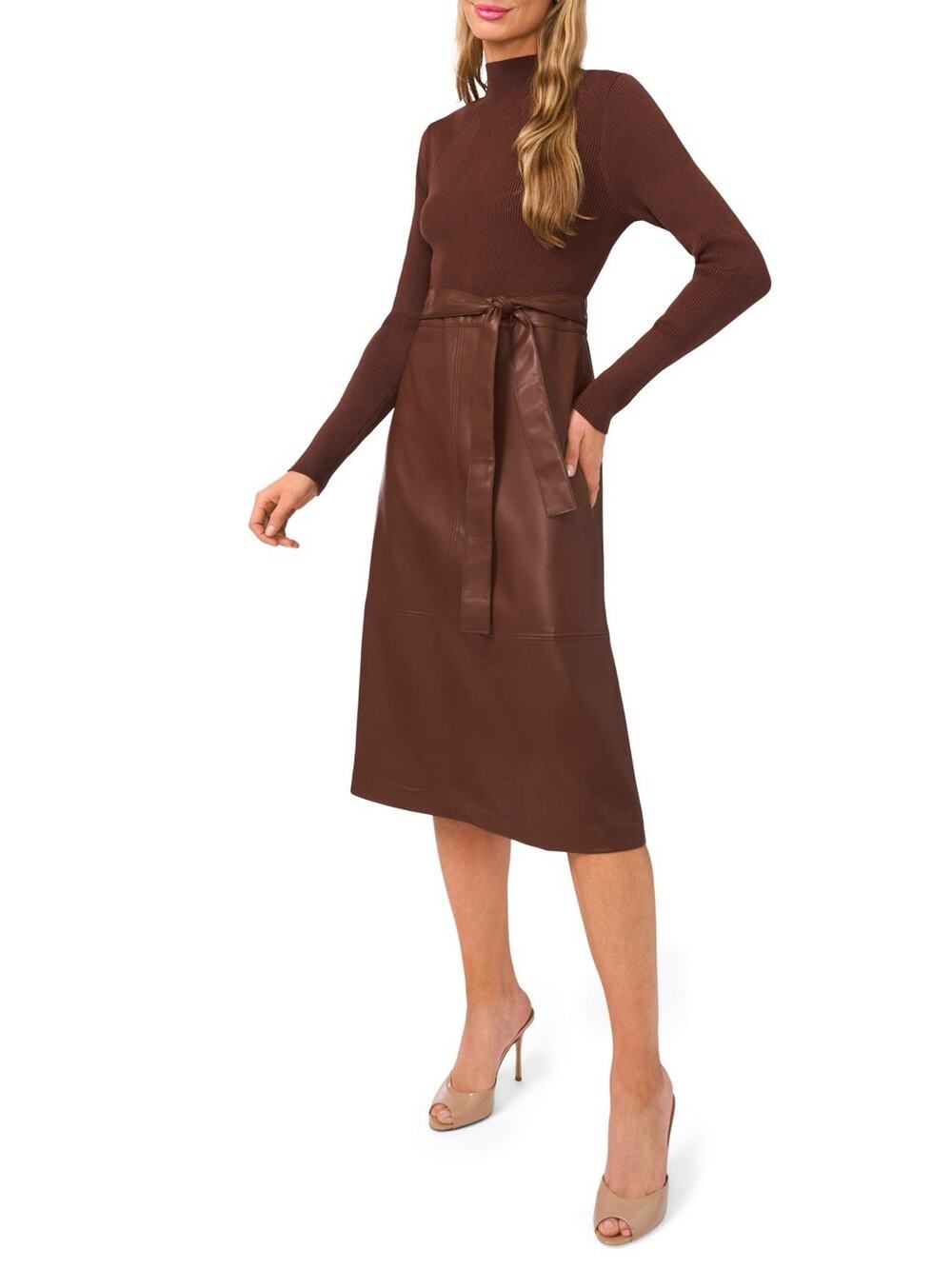 Ted Baker Brown Leather-Trim Midi Dress